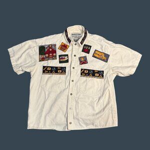 Buckley Bay Vintage White Button-Up Shirt With Embroidered School-Themed Patches